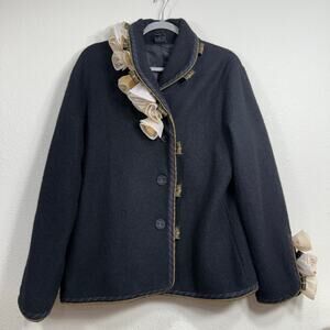 CoVelo Black Wool 3D Cream Floral Rose Collared Art Deco Art to Wear Jacket XL
